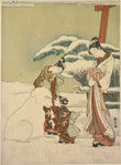 An oiran standing by a clump of snow laden bamboo, watching her two kamuro make a large snow dog