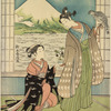 A young woman kneeling upon the floor of a room, handing a pot with an egg-plant growing in it to a young man with a falcon upon his wrist about to set forth on a hawking expedition.  Through an open window Fuji san is seen across an arm of the sea