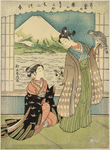 A young woman kneeling upon the floor of a room, handing a pot with an egg-plant growing in it to a young man with a falcon upon his wrist about to set forth on a hawking expedition.  Through an open window Fuji san is seen across an arm of the sea