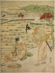 A young woman seated upon a bank getting a light for her pipe from a youth who stands bending forward toward her, on the road above.  Background of rice fields and a farmer's house