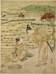 A young woman seated upon a bank getting a light for her pipe from a youth who stands bending forward toward her, on the road above.  Background of rice fields and a farmer's house