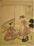 Two women seated in a parlor smoking and discussing a design of sake cups floating on a stream, which appears on a sheet of paper that one of them holds.  Before them is a tobako-bon