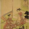 Two women seated in a parlor smoking and discussing a design of sake cups floating on a stream, which appears on a sheet of paper that one of them holds.  Before them is a tobako-bon