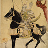 Minamoto no Yoshitzune, the most famous of Japanese heroes, in full armor, mounted upon his black horse Sarusumi