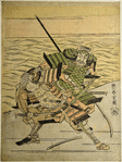 Kagekiyo at the battle of Yashima tearing off the neck covering  of the armor of Minamoto Miyo no Yashiro Kunitoshi while engaged in single combat with him