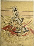 Sasaki Takatsuna fording the river Uji, mounted upon Ikezuki, one of Yoritomo's horses