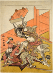 Tadanobu, one of the chief retainers of Minamoto Yoshitune slaying one of his would-be captors with a heavy go table when betrayed to Yoritomo by his mistress