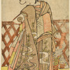 The actor Iwai Hanshiro as a woman carrying  chrysanthemum flowers in a bucket, a straw fence in the background