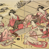 Yoshiwara women playing the koto, samisen, and shakuhachi, one smoking and writing a letter