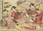 Yoshiwara women playing the koto, samisen, and shakuhachi, one smoking and writing a letter
