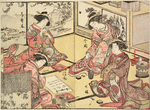 Group of four Yoshiwara women seated in a parlor playing the game of ko awase (incense smelling)