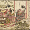 Three Yoshiwara women grouped around a hibachi and a third standing upon the veranda outside watching the fall of the first snow flakes of winter