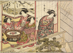 Three Yoshiwara women grouped around a hibachi and a third standing upon the veranda outside watching the fall of the first snow flakes of winter