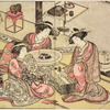 Two Yoshiwara women playing sugoroku (similar to backgammon), and a third woman watching them and leaning over a hibachi upon which a charcoal fire is burning