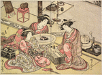 Two Yoshiwara women playing sugoroku (similar to backgammon), and a third woman watching them and leaning over a hibachi upon which a charcoal fire is burning