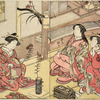 A Yoshiwara woman arranging flowers in a bronze vase and two women looking on
