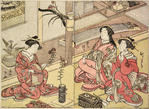 A Yoshiwara woman arranging flowers in a bronze vase and two women looking on