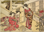 Three Yoshiwara women admiring the flowers of a tree peony blooming in the garden of a joroya