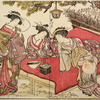 Three Yoshiwara women setting off incense fire-works while seated on a wooden bench under a pine tree