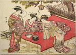 Three Yoshiwara women setting off incense fire-works while seated on a wooden bench under a pine tree