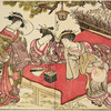 Three Yoshiwara women setting off incense fire-works while seated on a wooden bench under a pine tree