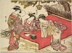 Three Yoshiwara women setting off incense fire-works while seated on a wooden bench under a pine tree