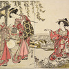 Three Yoshiwara women in a field near a small stream catching singing locusts (mushi)