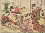 Group of five Yoshiwara women in a room in a joroya, looking at gold fish in a shallow tank