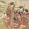 Group of four Yoshiwara women viewing Mount Fuji from the upper room of a joroya. One of them has a spy glass in her hand