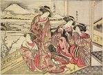 Group of four Yoshiwara women viewing Mount Fuji from the upper room of a joroya. One of them has a spy glass in her hand
