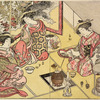 Three Yoshiwara women seated in a room in a joroya cooking delicacies