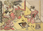 Three Yoshiwara women seated in a room in a joroya cooking delicacies
