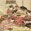 Three Yoshiwara women in a room in a joroya.  One is reading a book and the others are writing poems