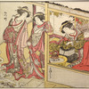 Two Yoshiwara women standing in the doorway of a joroya, looking at a snow-laden pine tree in the garden.  In the house back of them a third woman is seated by a brazier