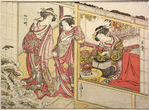 Two Yoshiwara women standing in the doorway of a joroya, looking at a snow-laden pine tree in the garden.  In the house back of them a third woman is seated by a brazier