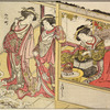 Two Yoshiwara women standing in the doorway of a joroya, looking at a snow-laden pine tree in the garden.  In the house back of them a third woman is seated by a brazier