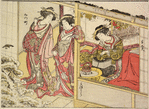 Two Yoshiwara women standing in the doorway of a joroya, looking at a snow-laden pine tree in the garden.  In the house back of them a third woman is seated by a brazier