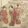 Three Yoshiwara women admiring the pine trees in the joroya garden covered with a heavy mantle of snow