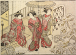 Three Yoshiwara women admiring the pine trees in the joroya garden covered with a heavy mantle of snow