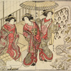 Three Yoshiwara women admiring the pine trees in the joroya garden covered with a heavy mantle of snow