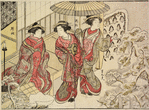 Three Yoshiwara women admiring the pine trees in the joroya garden covered with a heavy mantle of snow