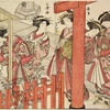 Five Yoshiwara women visiting a Shinto temple. One is dipping a cup of water from the chozubachi for the hand washing purification.  The others have paused beneath the torii to play with a puppy