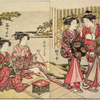 Two Yoshiwara women on their way to the football court which appears in the background, and two others sitting on the veranda of a house, smoking