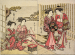 Two Yoshiwara women on their way to the football court which appears in the background, and two others sitting on the veranda of a house, smoking