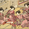 Four Yoshiwara women in a room grouped around a writing table