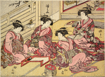Four Yoshiwara women in a room grouped around a writing table
