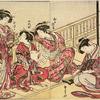 Three Yoshiwara women on the veranda of a house, the middle one holding a letter; a fourth woman just within the house grinding ink upon an ink-stone