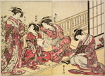 Three Yoshiwara women on the veranda of a house, the middle one holding a letter; a fourth woman just within the house grinding ink upon an ink-stone