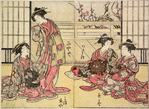 Four Yoshiwara women, one standing, the others seated in a parlor, the shoji pushed aside at the back, showing an ume tree in bloom