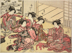 Two Yoshiwara women seated in a room playing nanushi ken, and three others looking on